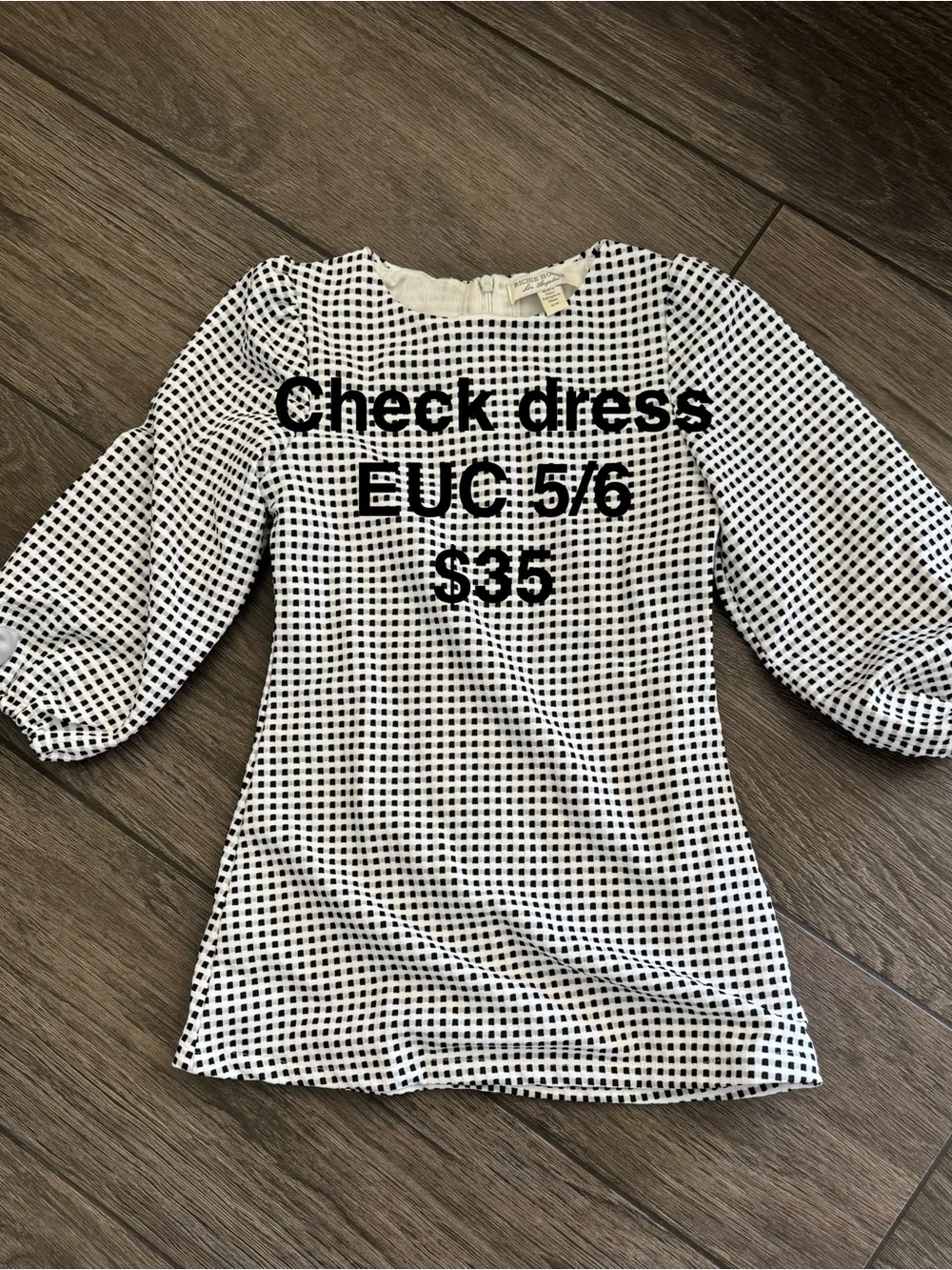 Girls Black & White Gingham Puff Sleeve Dress
